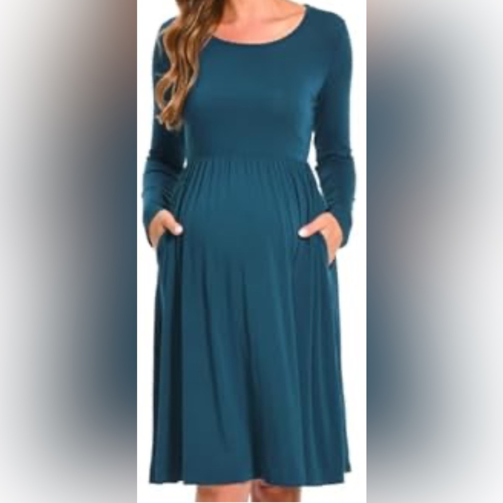 NO BRAND SHOWN size SMALL Long Sleeve TEAL Dress with pockets!  NWOT!!
